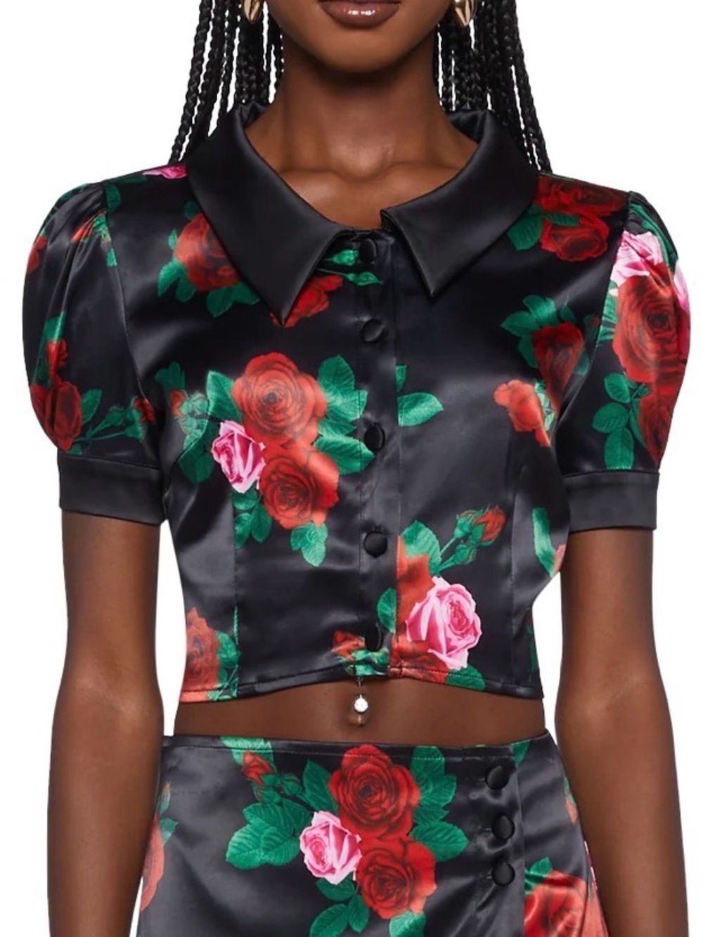 Sugar Thrillz Black Satin Rose Print Crop Top